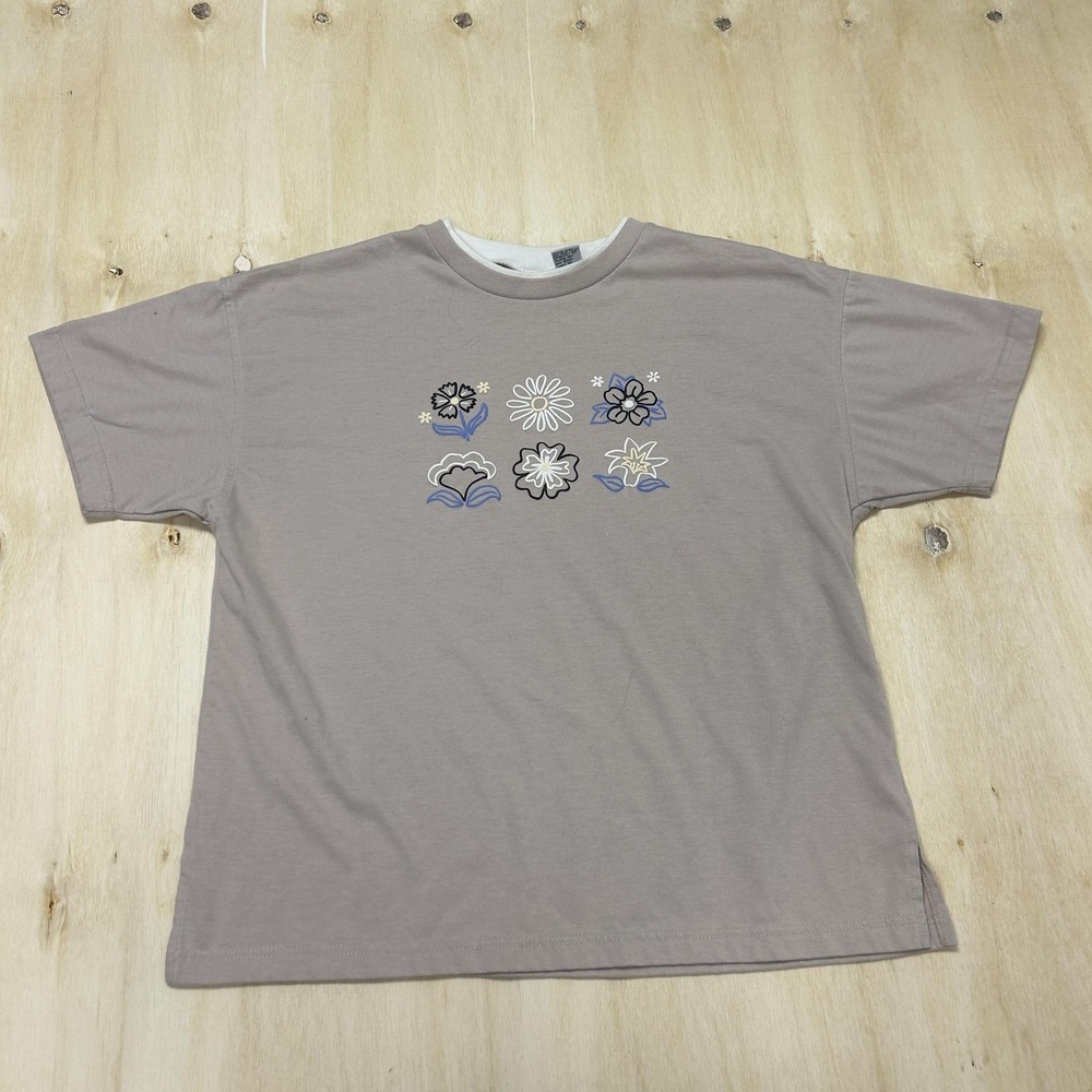 Vintage 90s Bold Spirit Shirt Womens L Brown Crew Neck Short Sleeve Floral Tee